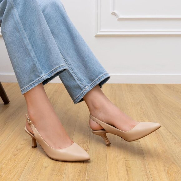 Dream Pairs Women Nude-pu Faux Suede Pointed Toe Slingback Low Kitten Heels - Picture 6 of 7